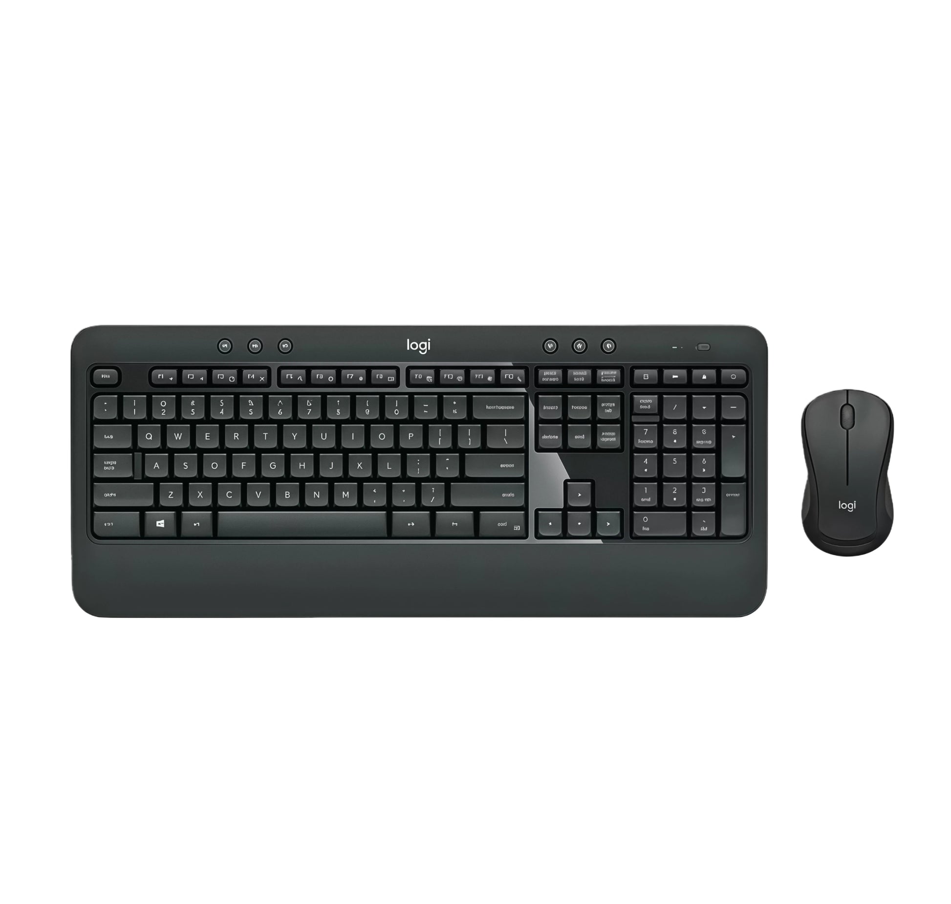 Overhead studio view of the Logitech MK540 ADVANCED combo, featuring the full-size K540 keyboard with integrated palm rest and the M310t wireless mouse, isolated on white.