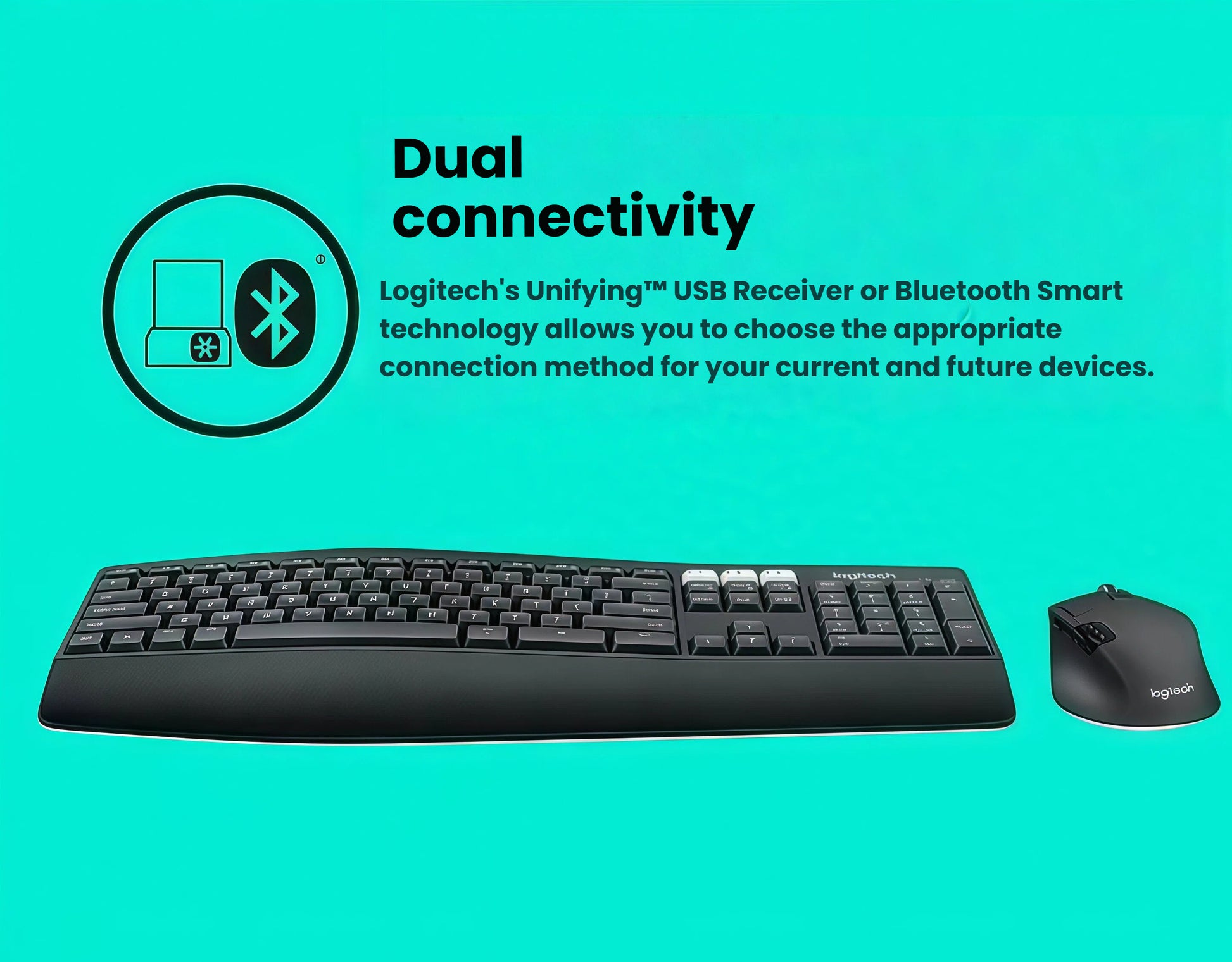 Product shot on teal background, explaining that the MK850 combo can connect via Bluetooth Smart or the included Logitech Unifying USB receiver.