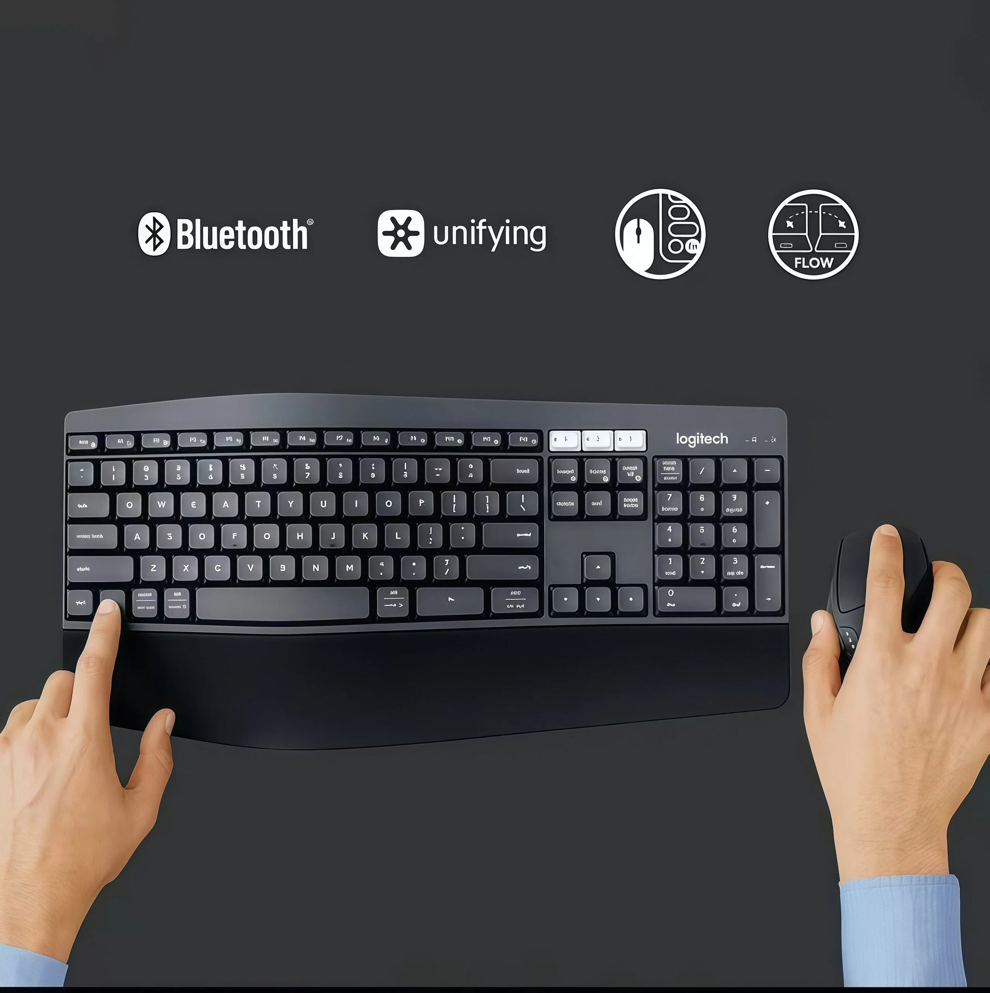 Hands-on photo demonstrating the MK850 keyboard and mouse in use, with icons for Bluetooth, Unifying, multi-device pairing, and Logitech FLOW support.