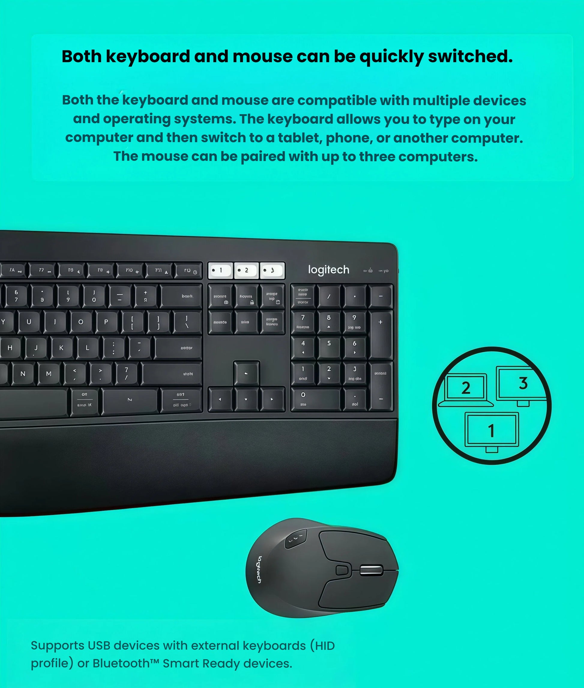 Illustration showing the MK850 keyboard and mouse paired with three devices, emphasizing seamless switching via Bluetooth or Unifying receiver.
