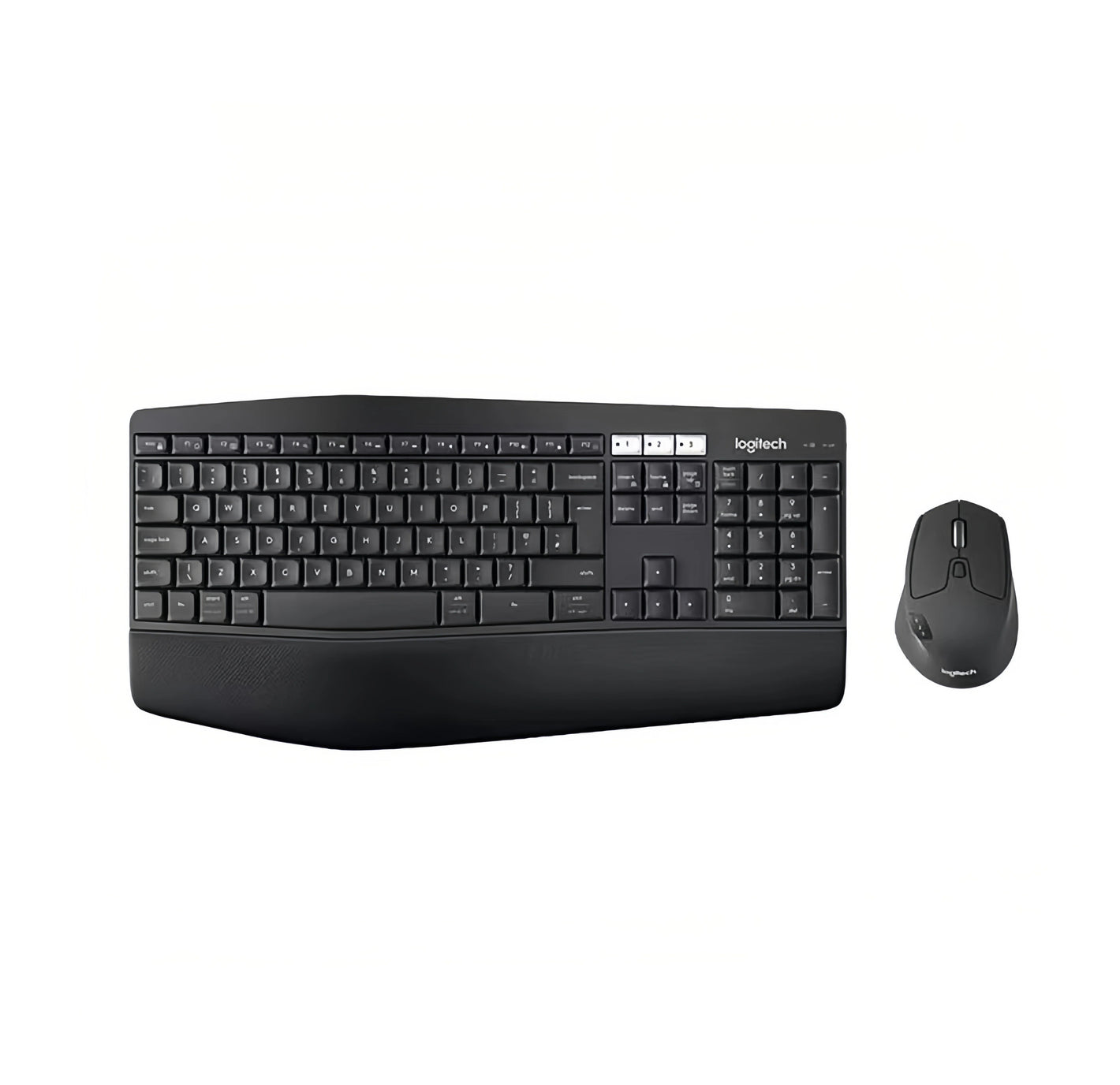 Overhead studio view of the Logitech MK850 Performance combo, featuring the curved full-size keyboard with cushioned palm rest and the sculpted MX-style mouse, isolated on white.