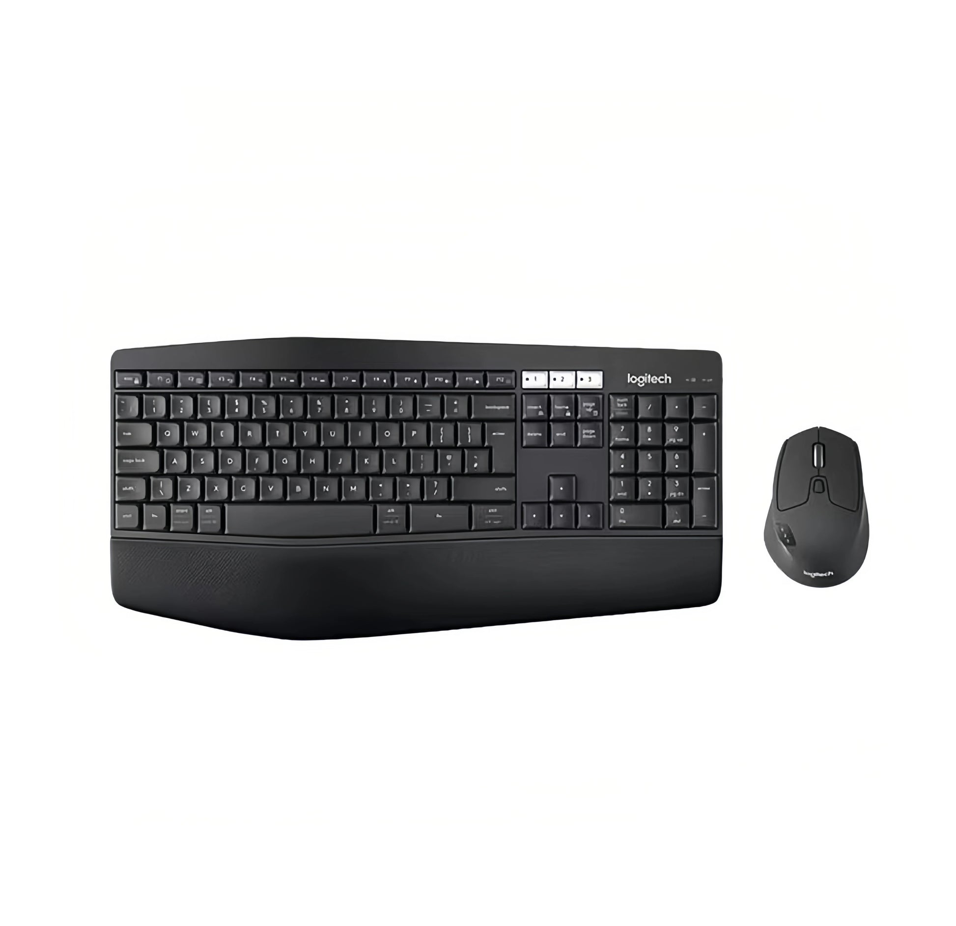 Overhead studio view of the Logitech MK850 Performance combo, featuring the curved full-size keyboard with cushioned palm rest and the sculpted MX-style mouse, isolated on white.