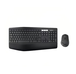 Overhead studio view of the Logitech MK850 Performance combo, featuring the curved full-size keyboard with cushioned palm rest and the sculpted MX-style mouse, isolated on white.