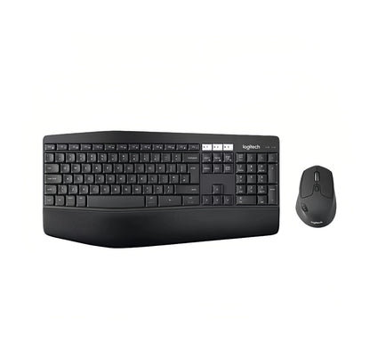 Overhead studio view of the Logitech MK850 Performance combo, featuring the curved full-size keyboard with cushioned palm rest and the sculpted MX-style mouse, isolated on white.