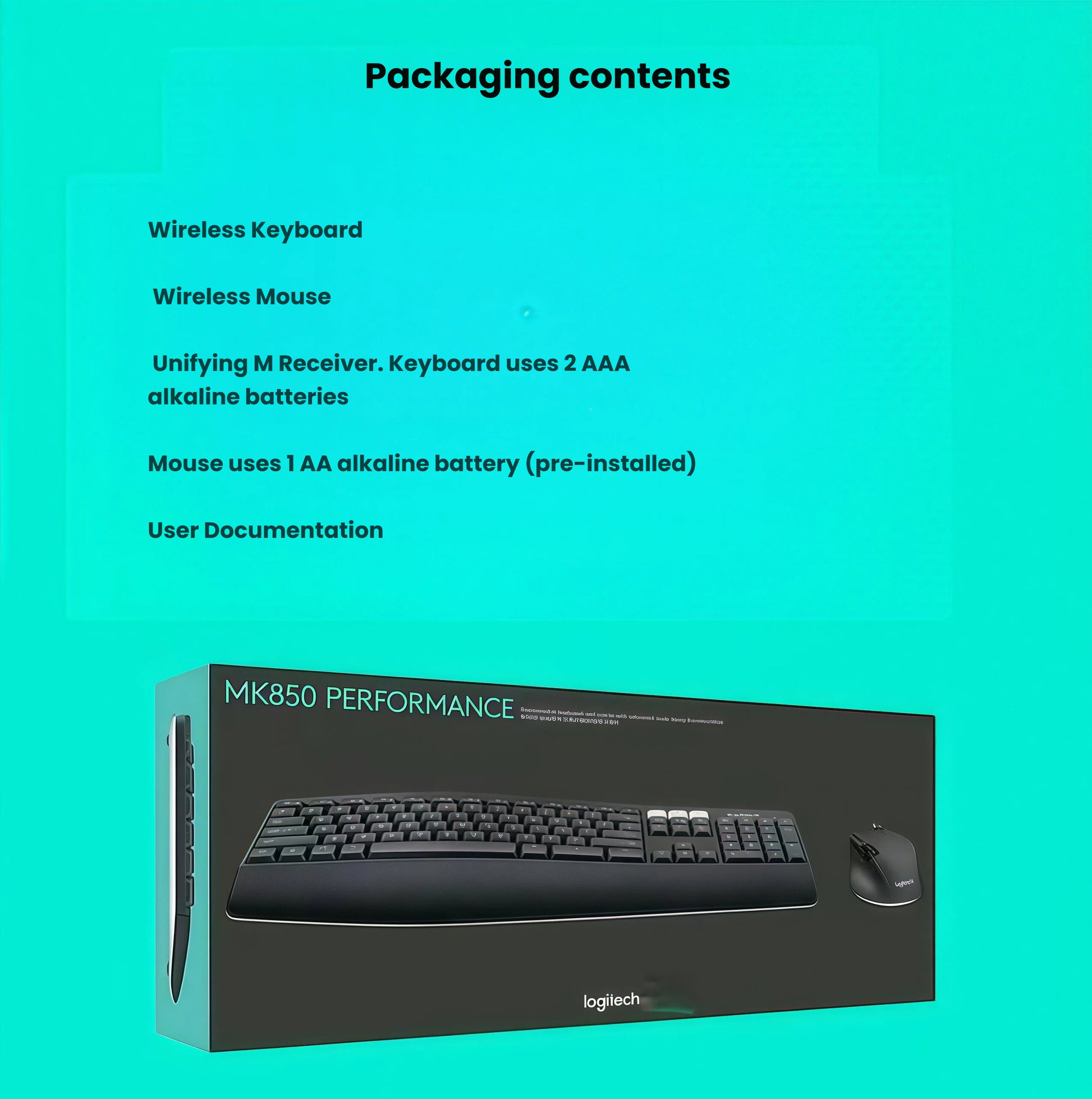 Product packaging shot listing the MK850 wireless keyboard, wireless mouse, Unifying M receiver, pre-installed batteries, and user documentation.