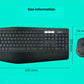 Technical dimension diagram showing the MK850 keyboard (431 × 213 mm) and mouse (115 × 74 mm) to help users plan their workspace.