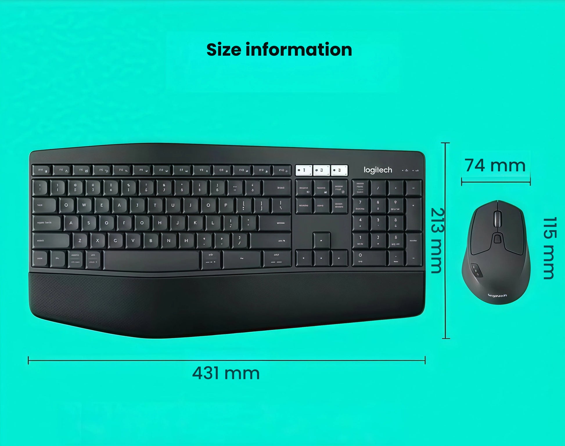 Technical dimension diagram showing the MK850 keyboard (431 × 213 mm) and mouse (115 × 74 mm) to help users plan their workspace.