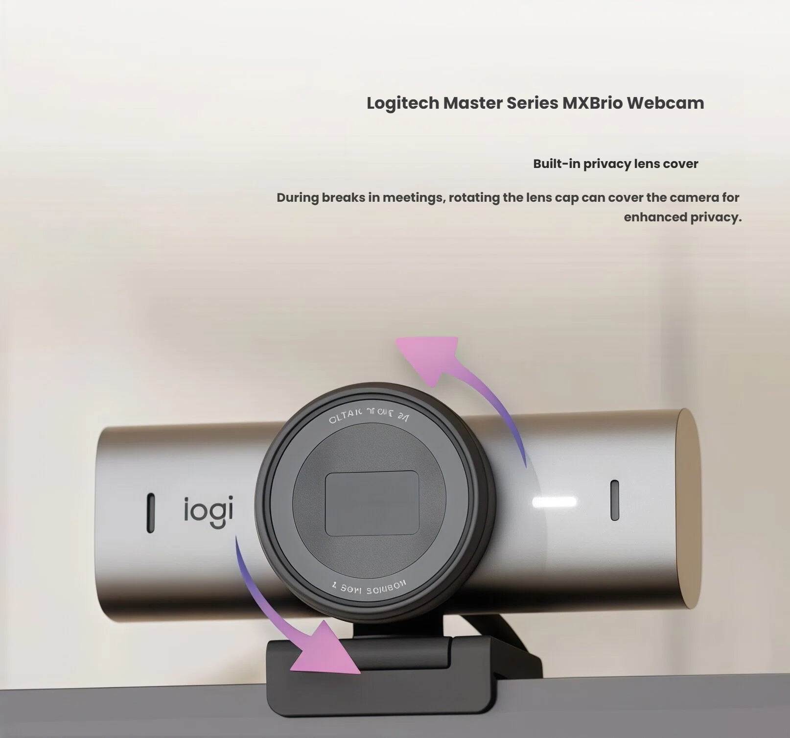 Close-up of the MX Brio’s rotating privacy lens cover, demonstrating how a simple twist blocks the camera for instant privacy between calls.