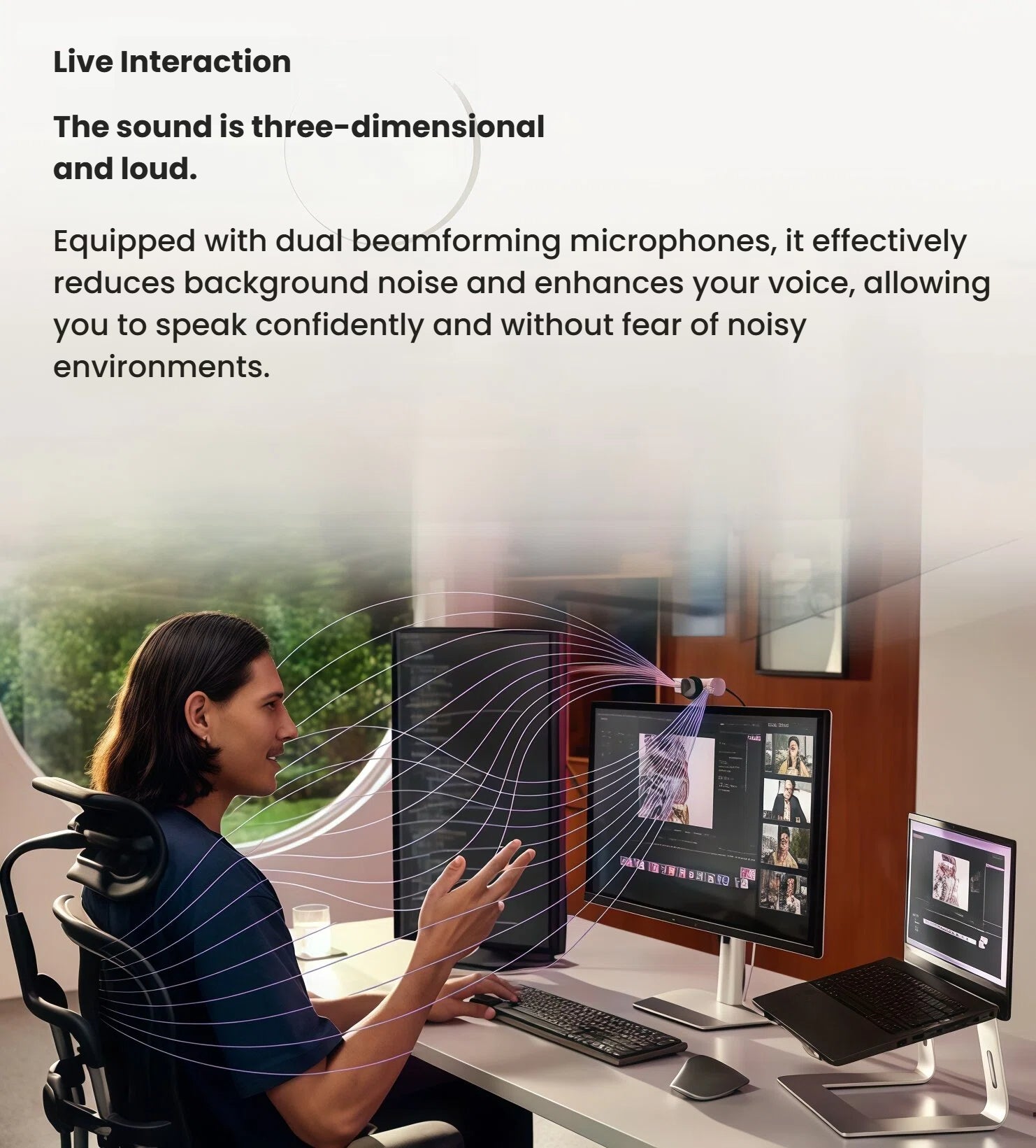 Lifestyle scene of a creator using the MX Brio 4K webcam in a bright office, with animated sound waves showing dual beamforming mics that cancel background noise for crystal-clear voice.