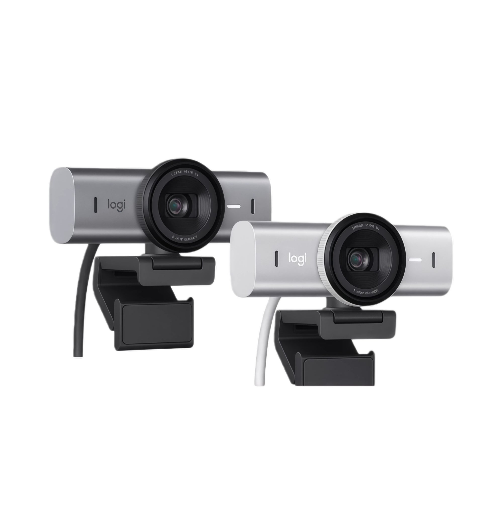Side-by-side comparison of the graphite and white MX Brio 4K webcams, both mounted on adjustable clips, emphasizing color options for any setup.