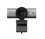 Front-facing shot of the Logitech MX Brio 4K webcam in graphite, showcasing its 8.5 MP Sony STARVIS sensor, ultra-wide lens, and built-in privacy shutter.