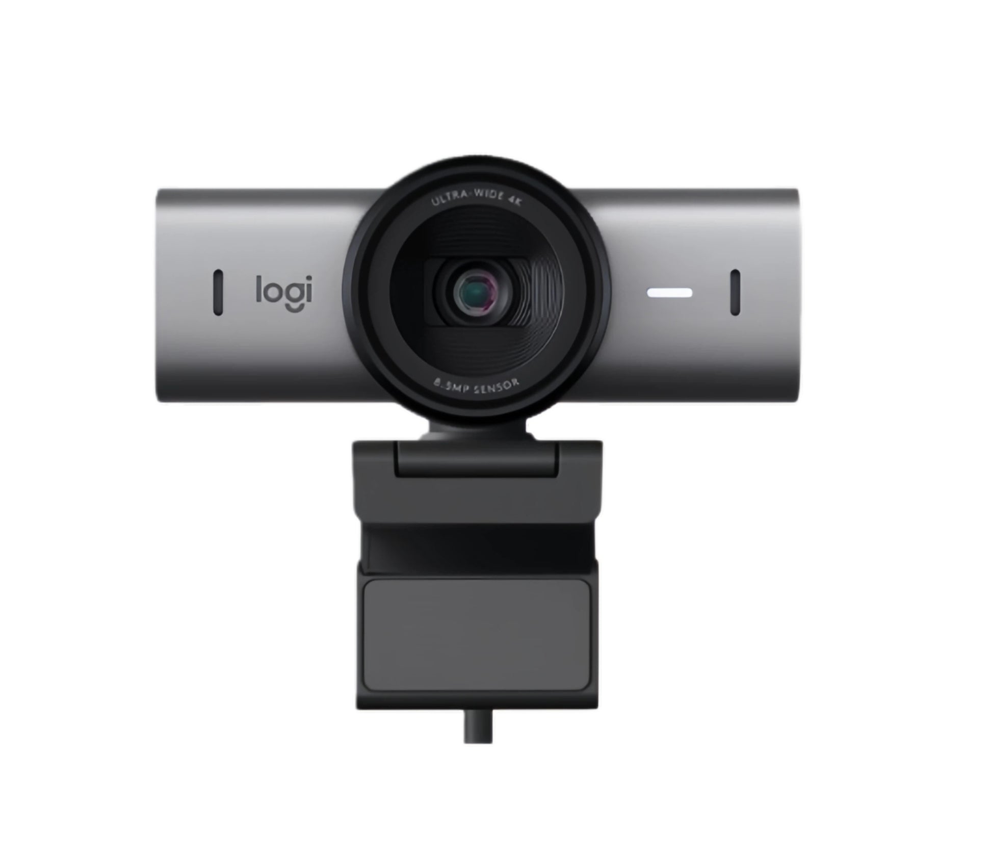 Front-facing shot of the Logitech MX Brio 4K webcam in graphite, showcasing its 8.5 MP Sony STARVIS sensor, ultra-wide lens, and built-in privacy shutter.