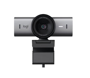 Front-facing shot of the Logitech MX Brio 4K webcam in graphite, showcasing its 8.5 MP Sony STARVIS sensor, ultra-wide lens, and built-in privacy shutter.