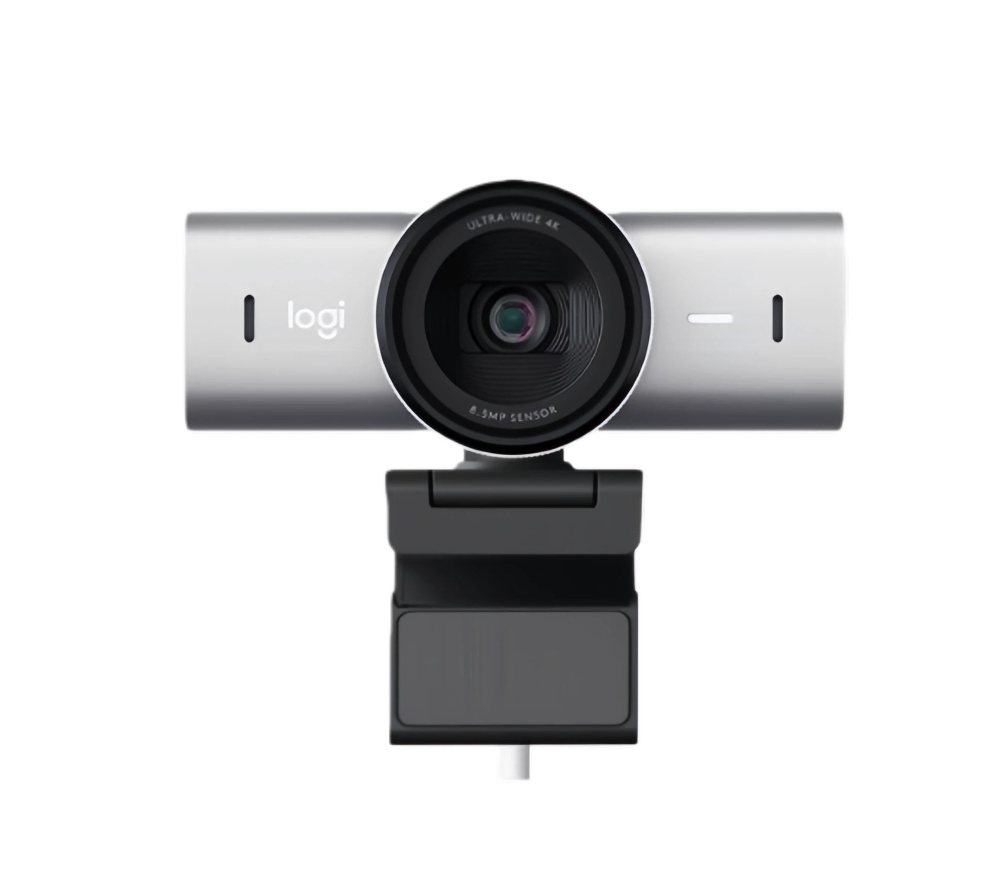 Clean front view of the white MX Brio 4K webcam, highlighting its sleek aluminum barrel, 4K Ultra HD lens, and integrated privacy cover.