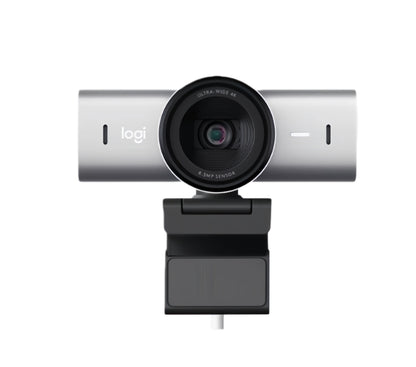 Clean front view of the white MX Brio 4K webcam, highlighting its sleek aluminum barrel, 4K Ultra HD lens, and integrated privacy cover.