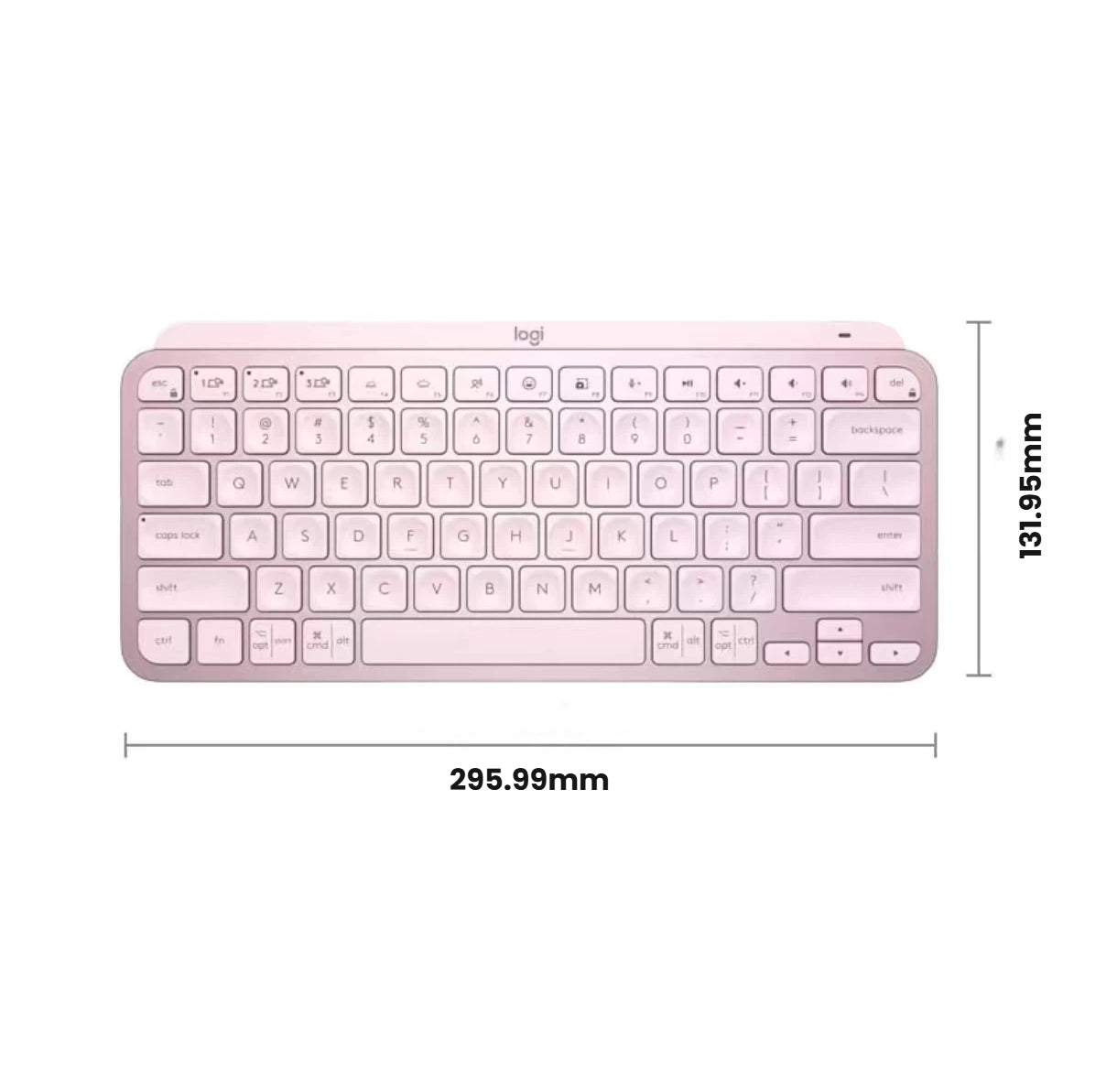 Technical diagram of the rose Logitech MX Keys Mini, measuring 295.99 mm wide and 131.95 mm tall, highlighting its ultra-slim, travel-friendly footprint.