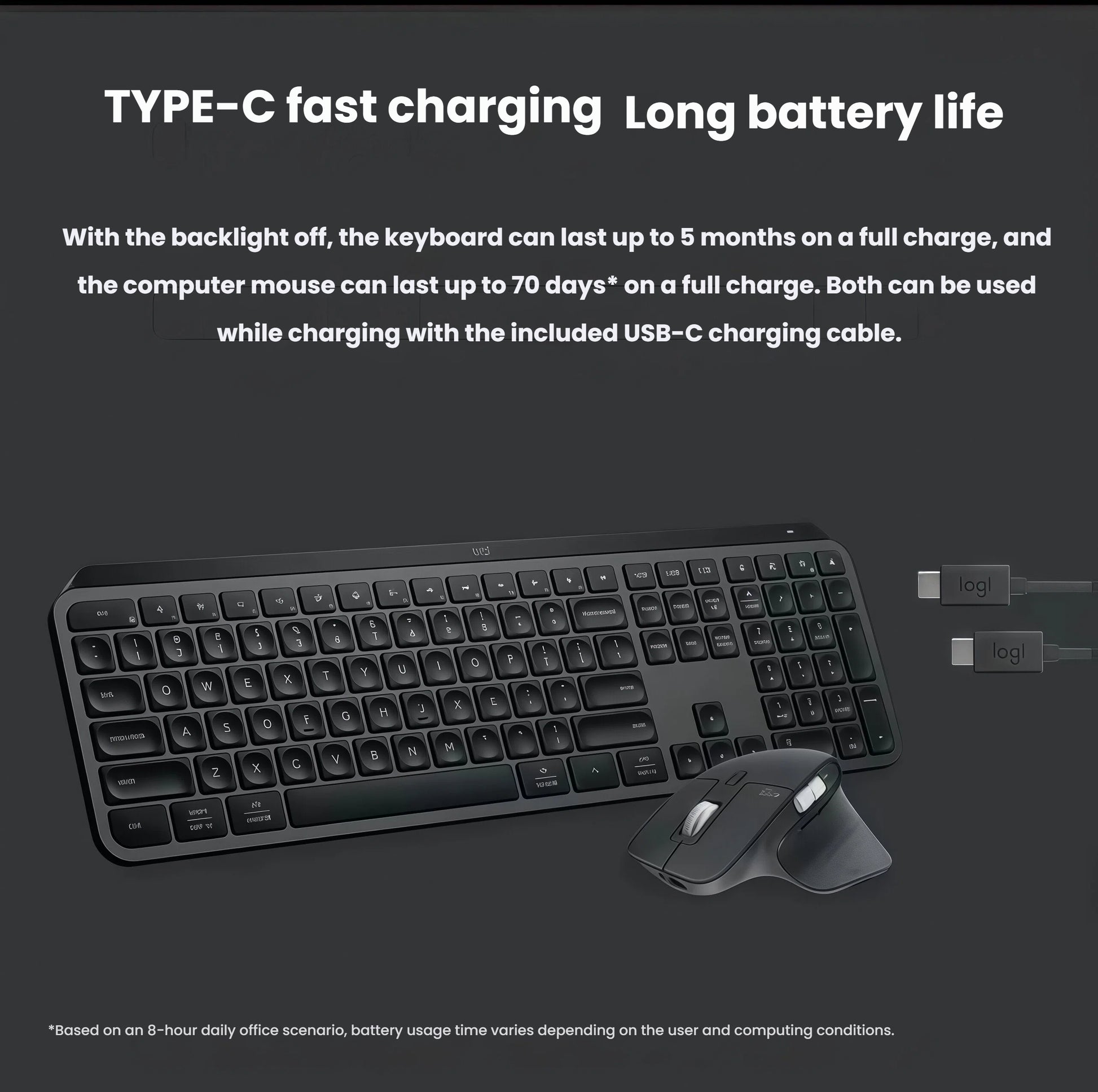 Product shot displaying the MX Keys S keyboard, MX Master 3S mouse, and two USB-C charging cables, highlighting long battery life and fast charging.