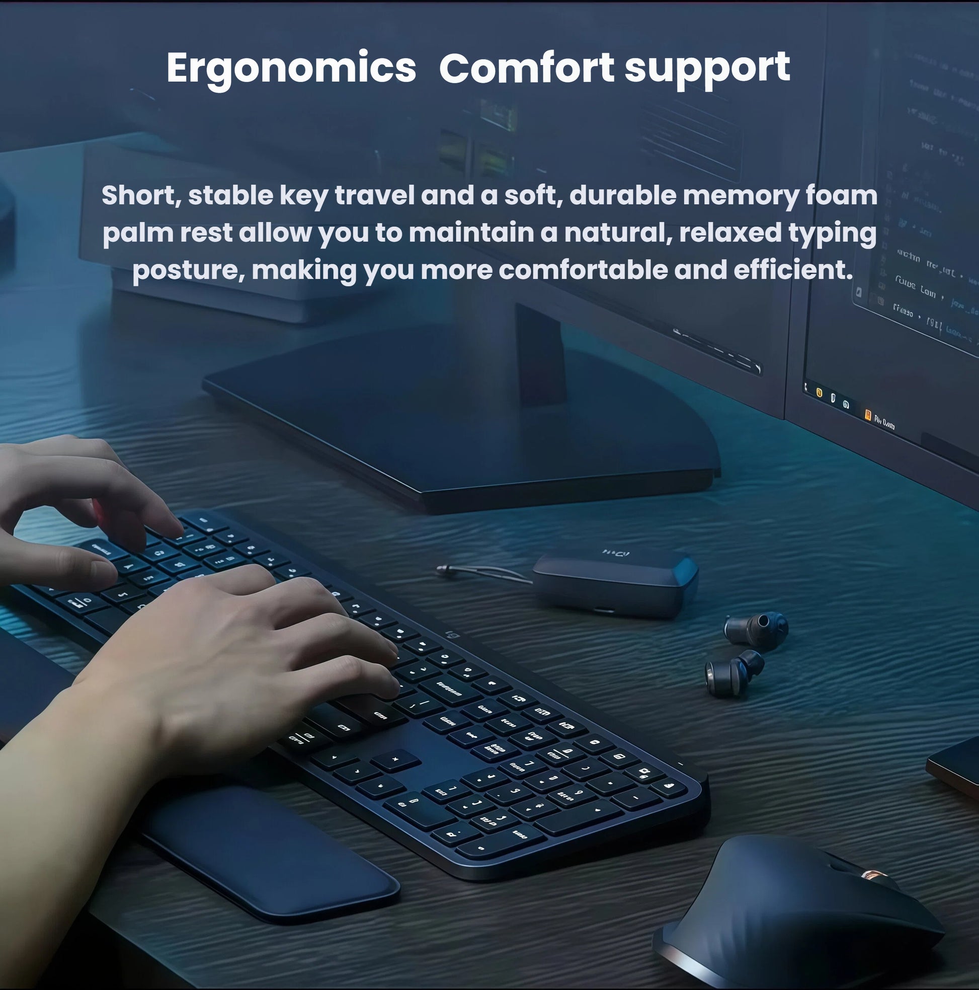 Lifestyle photo of hands typing on the MX Keys S keyboard with the soft memory-foam palm rest, MX Master 3S mouse, and wireless earbuds on a dark wood desk.