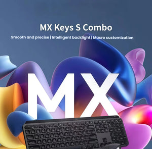 Stylized hero image of the MX Keys S keyboard against a vibrant 3D background, emphasizing intelligent backlighting and macro customization.
