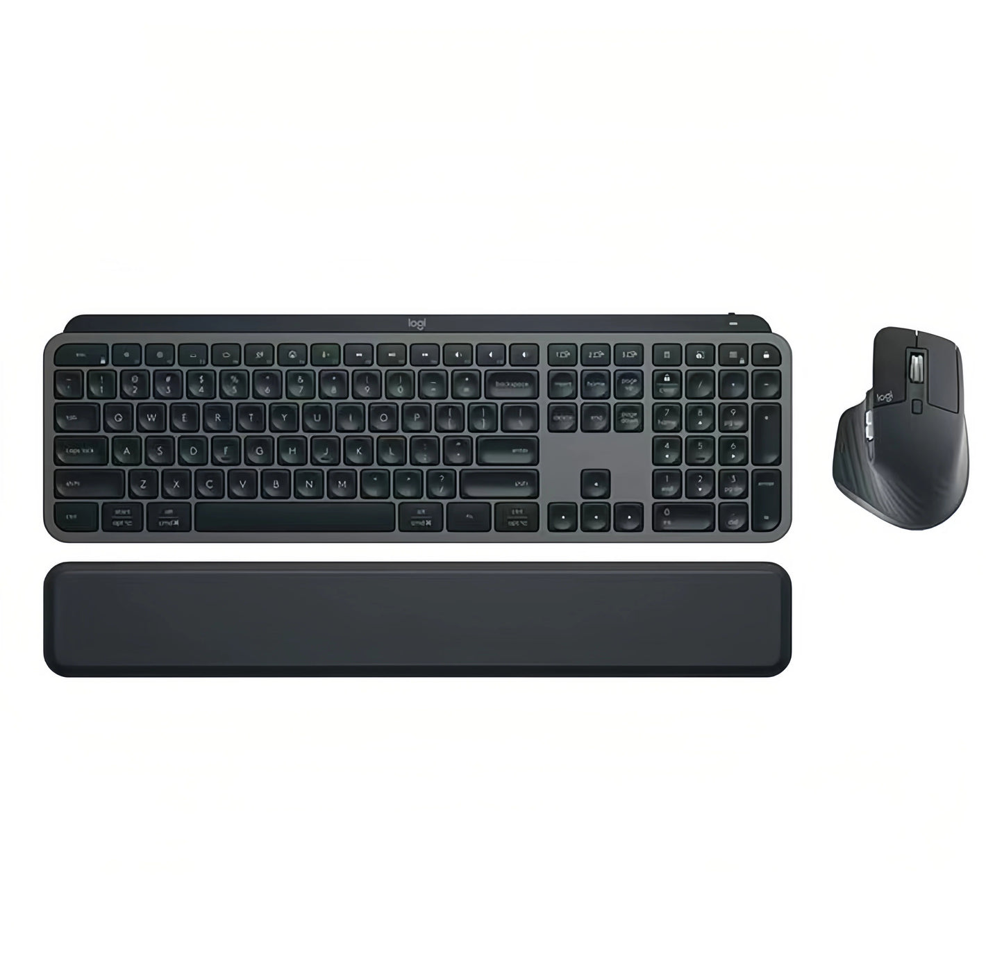 Overhead studio shot of the Logitech MX Keys S Combo in graphite black, showing the full-size backlit keyboard, ergonomic MX Master 3S mouse, and matching palm rest on a white background.