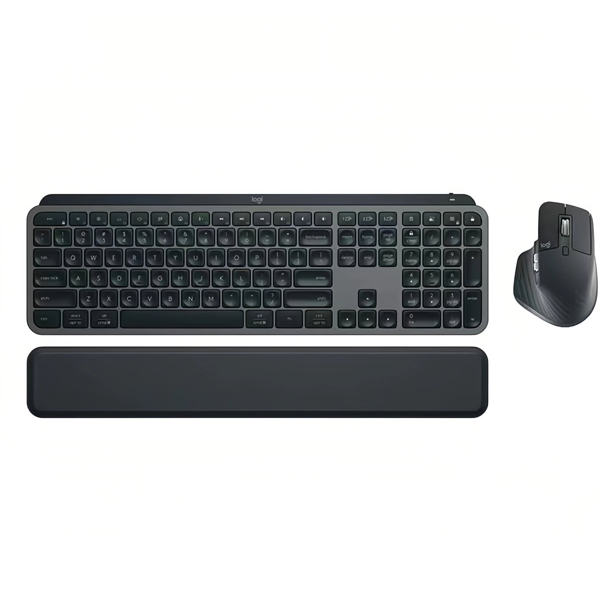 Overhead studio shot of the Logitech MX Keys S Combo in graphite black, showing the full-size backlit keyboard, ergonomic MX Master 3S mouse, and matching palm rest on a white background.