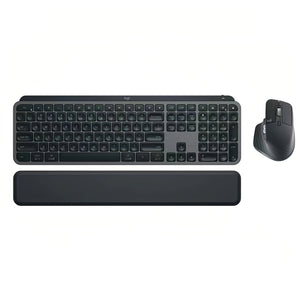 Overhead studio shot of the Logitech MX Keys S Combo in graphite black, showing the full-size backlit keyboard, ergonomic MX Master 3S mouse, and matching palm rest on a white background.