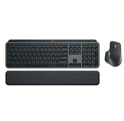 Overhead studio shot of the Logitech MX Keys S Combo in graphite black, showing the full-size backlit keyboard, ergonomic MX Master 3S mouse, and matching palm rest on a white background.