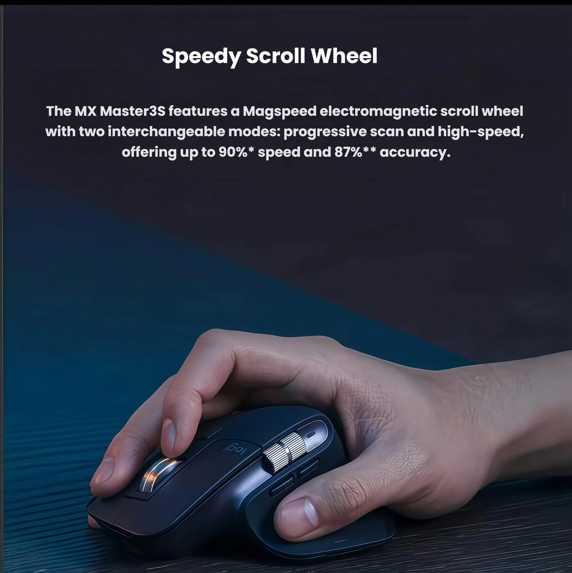 Close-up of a hand using the MX Master 3S mouse, showcasing the metallic MagSpeed scroll wheel glowing with orange backlight.
