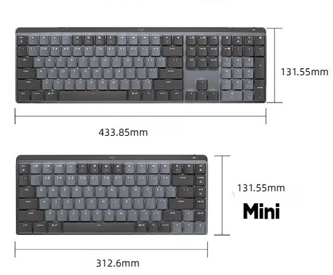 Side-by-side dimensional diagram of the full-size Logitech MX Mechanical (433.85 mm) and the MX Mechanical Mini (312.6 mm), both 131.55 mm tall, illustrating the 28% smaller footprint of the Mini model for space-saving desks.