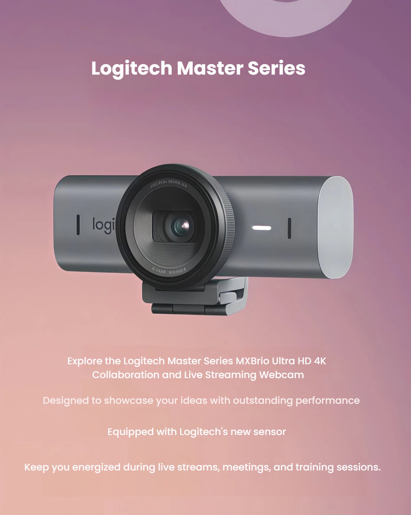 Hero image of the MX Brio 4K webcam on a gradient background, labeled “Logitech Master Series,” promoting ultra-clear 4K resolution for streaming, meetings, and content creation.