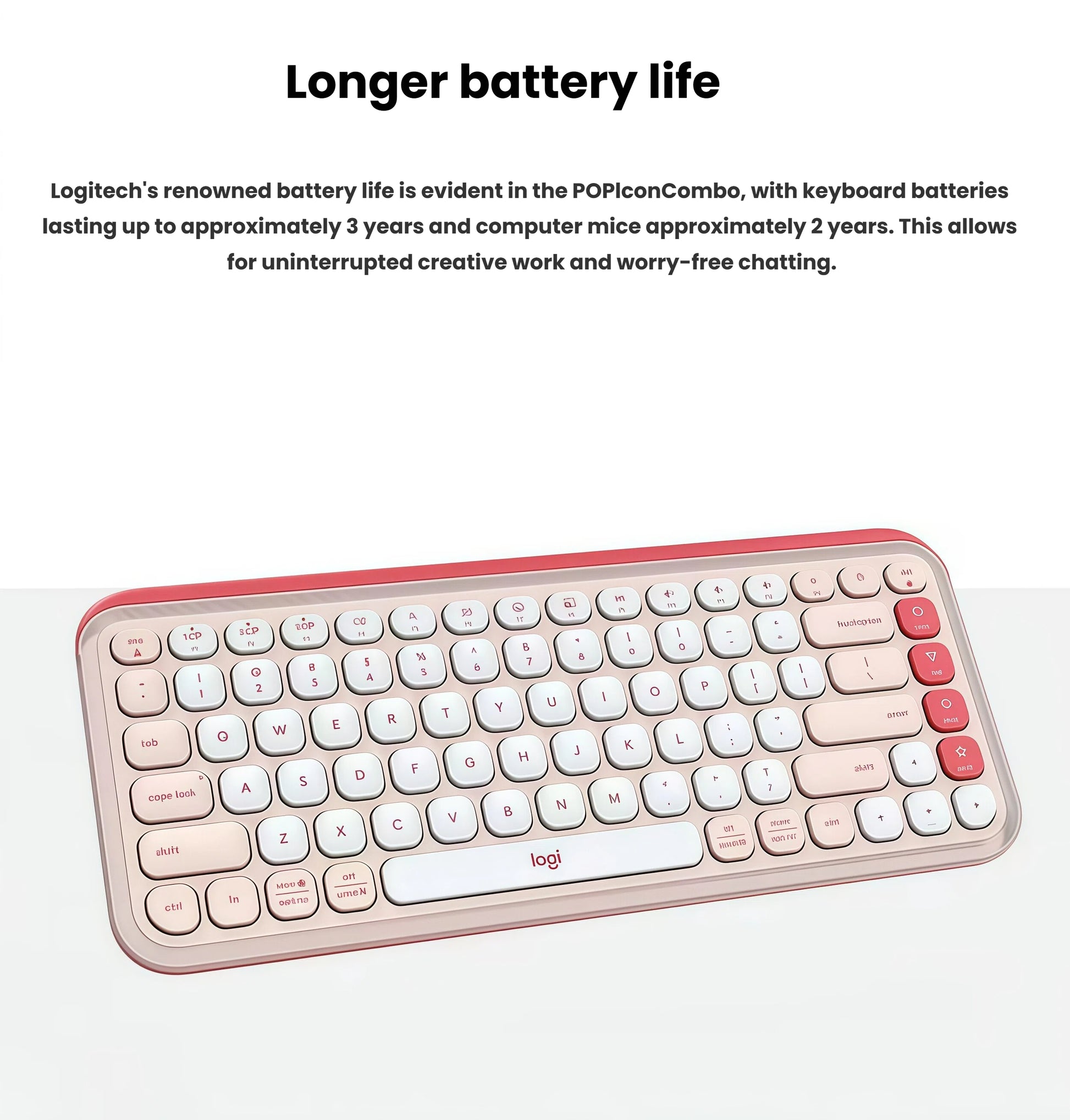 Close-up of the pink POP Icon keyboard angled to emphasize its slim profile and long-lasting battery for uninterrupted productivity.
