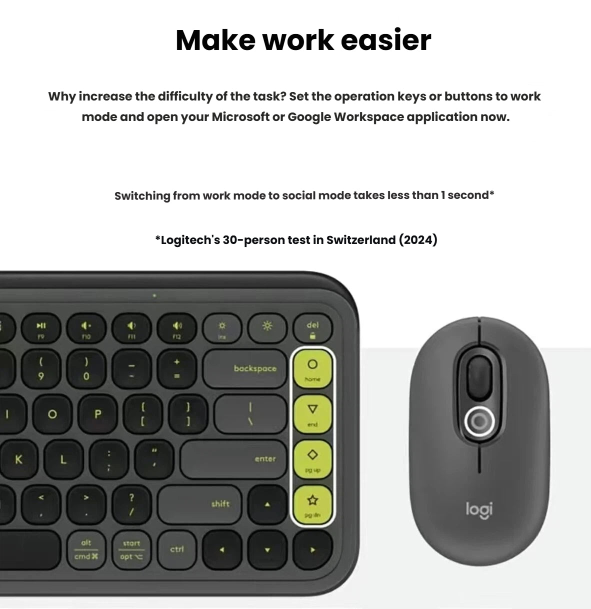 Detail view of the black POP Icon keyboard’s bright-green shortcut keys next to the graphite mouse, ready to launch Microsoft or Google Workspace apps.