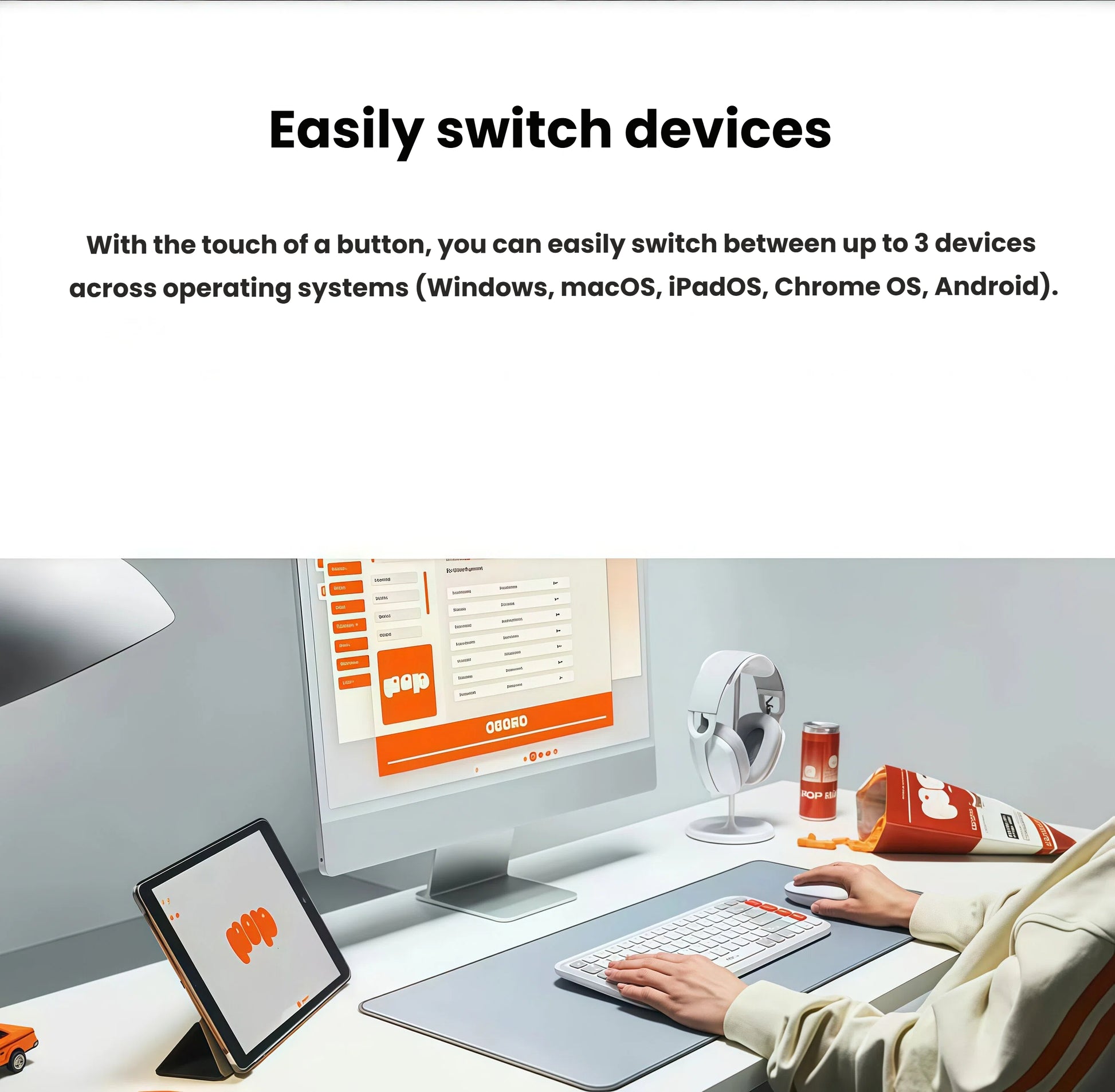 Lifestyle scene showing the white POP Icon Combo being used with both an iMac and an iPad, demonstrating seamless switching between three devices.