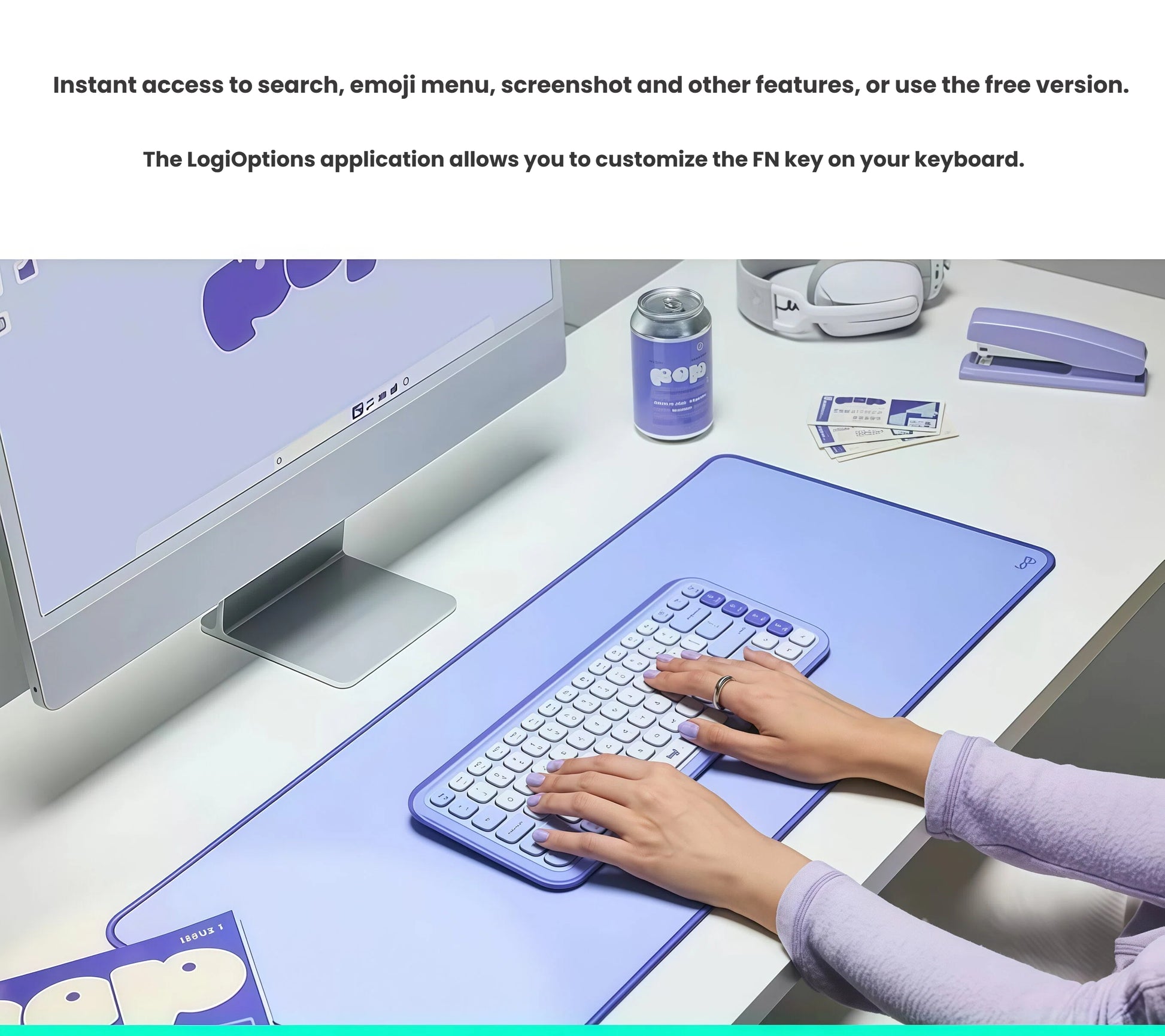 Over-shoulder shot of a user typing on the purple POP Icon keyboard while the Logi Options software on screen highlights custom FN-key assignments.