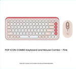 Blush-pink Logitech POP Icon Combo with deeper pink emoji keys and coordinating mouse, isolated on white for a fresh, modern look.
