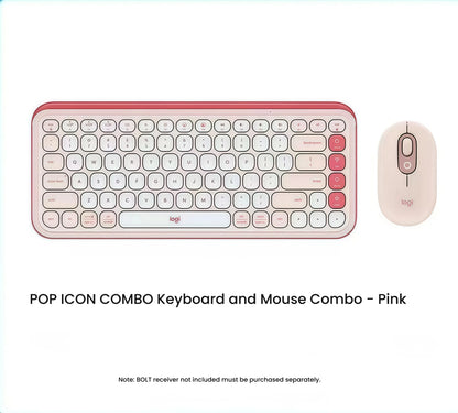Blush-pink Logitech POP Icon Combo with deeper pink emoji keys and coordinating mouse, isolated on white for a fresh, modern look.