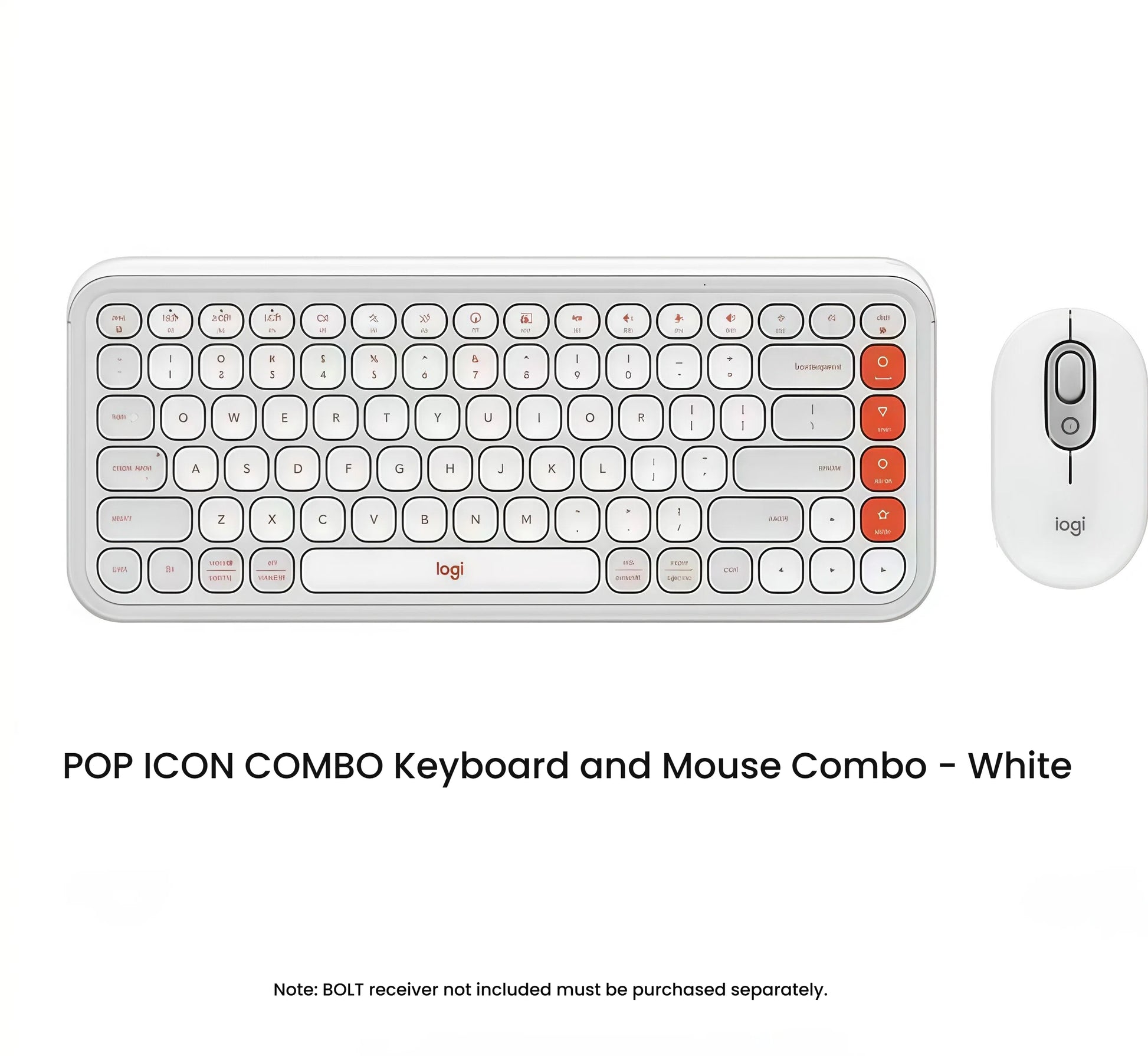 Minimalist white Logitech POP Icon Combo displayed from above, showcasing coral-accented emoji keys and the matching white mouse.