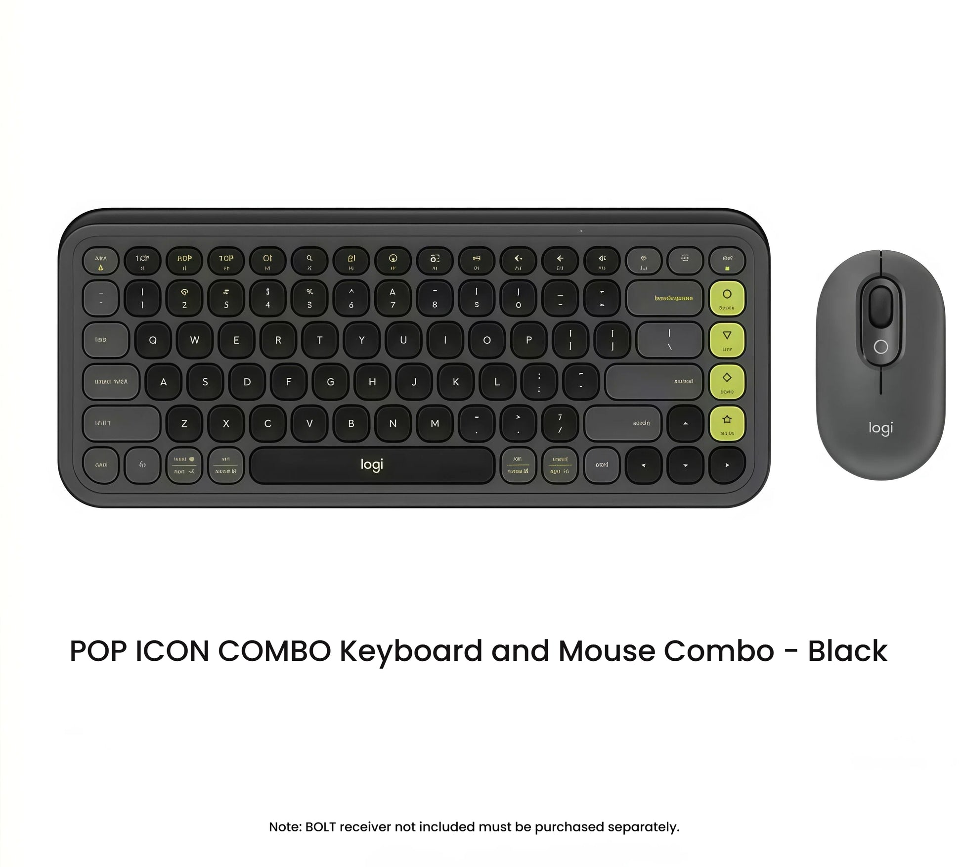 Overhead shot of the black Logitech POP Icon Combo, highlighting the keyboard’s green-accented emoji keys and the sleek dark-gray mouse.
