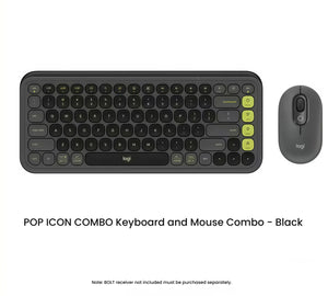 Overhead shot of the black Logitech POP Icon Combo, highlighting the keyboard’s green-accented emoji keys and the sleek dark-gray mouse.
