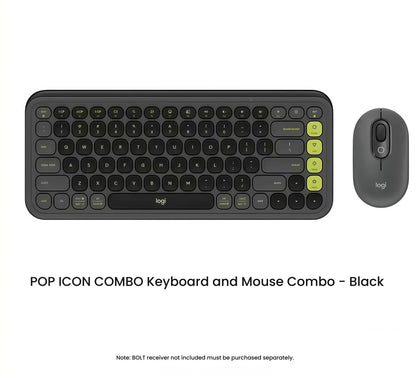 Overhead shot of the black Logitech POP Icon Combo, highlighting the keyboard’s green-accented emoji keys and the sleek dark-gray mouse.