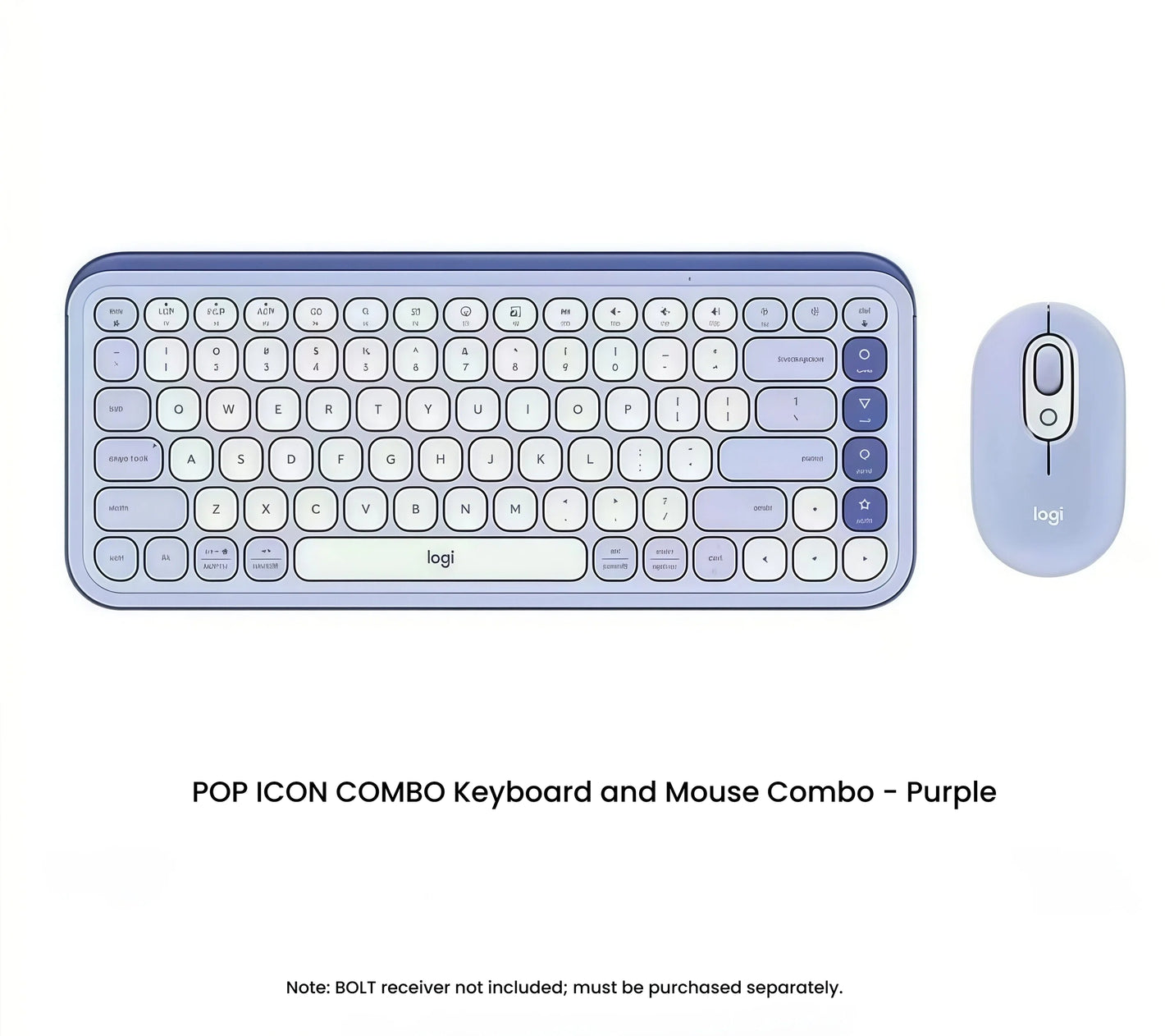 Top-down view of the purple Logitech POP Icon Combo featuring a compact wireless keyboard with emoji shortcut keys and matching mouse on a white background.