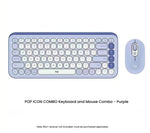 Top-down view of the purple Logitech POP Icon Combo featuring a compact wireless keyboard with emoji shortcut keys and matching mouse on a white background.