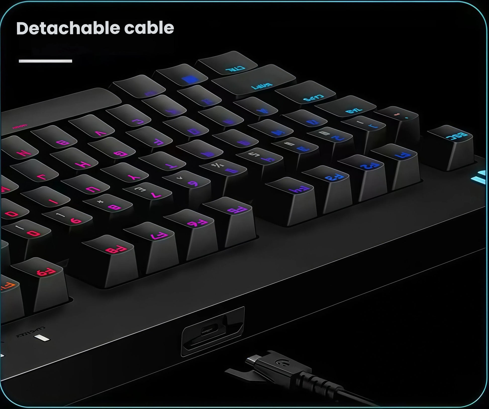 Macro shot of the rear USB-C port on the Logitech PRO keyboard, emphasizing the detachable cable design for easy travel and tournament-ready portability.
