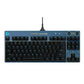 Overhead shot of the Logitech PRO wired gaming keyboard in the official League of Legends theme, featuring a blue-to-black gradient deck, cyan-backlit keys, and Hextech-inspired accents.
