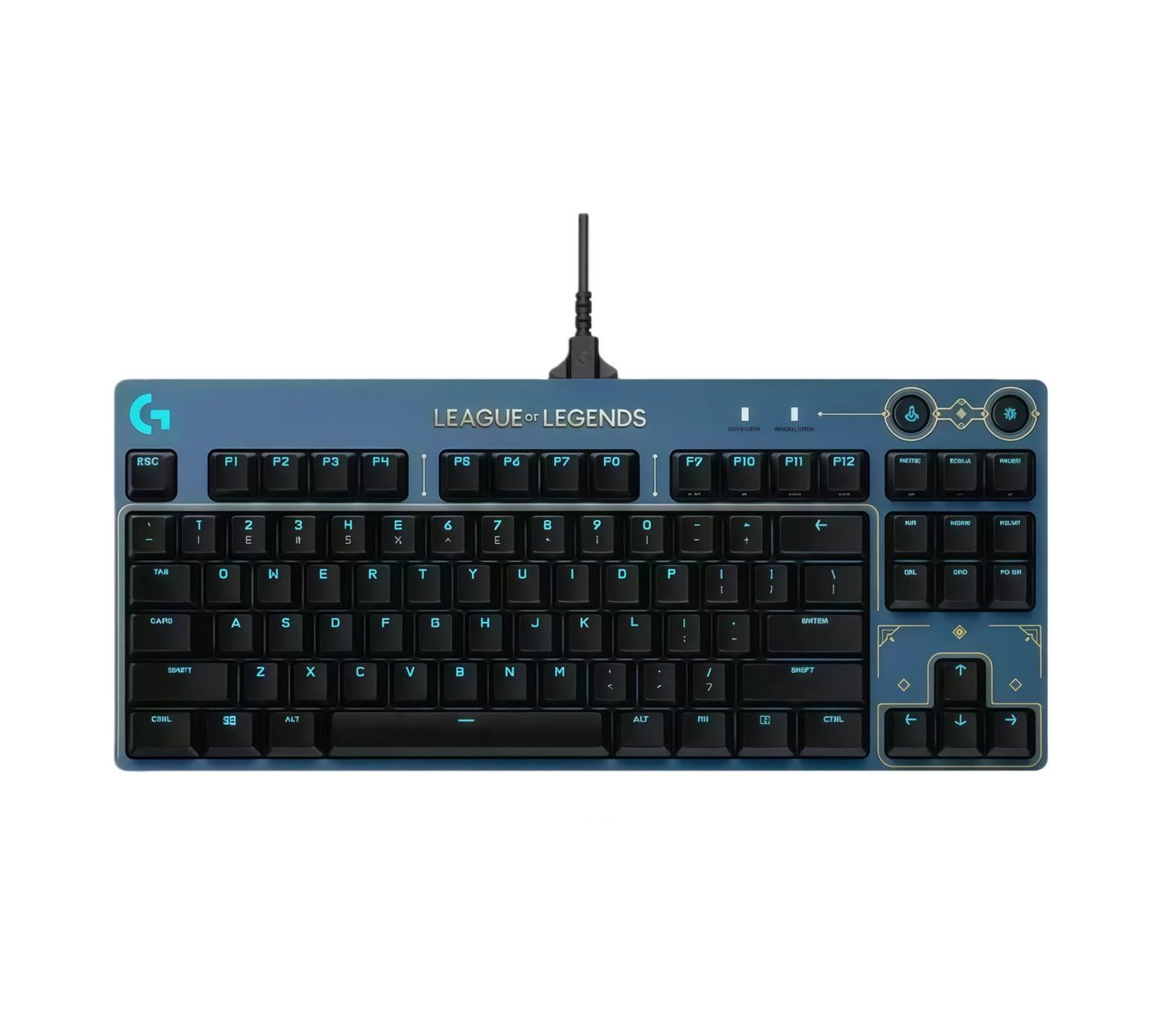 Overhead shot of the Logitech PRO wired gaming keyboard in the official League of Legends theme, featuring a blue-to-black gradient deck, cyan-backlit keys, and Hextech-inspired accents.