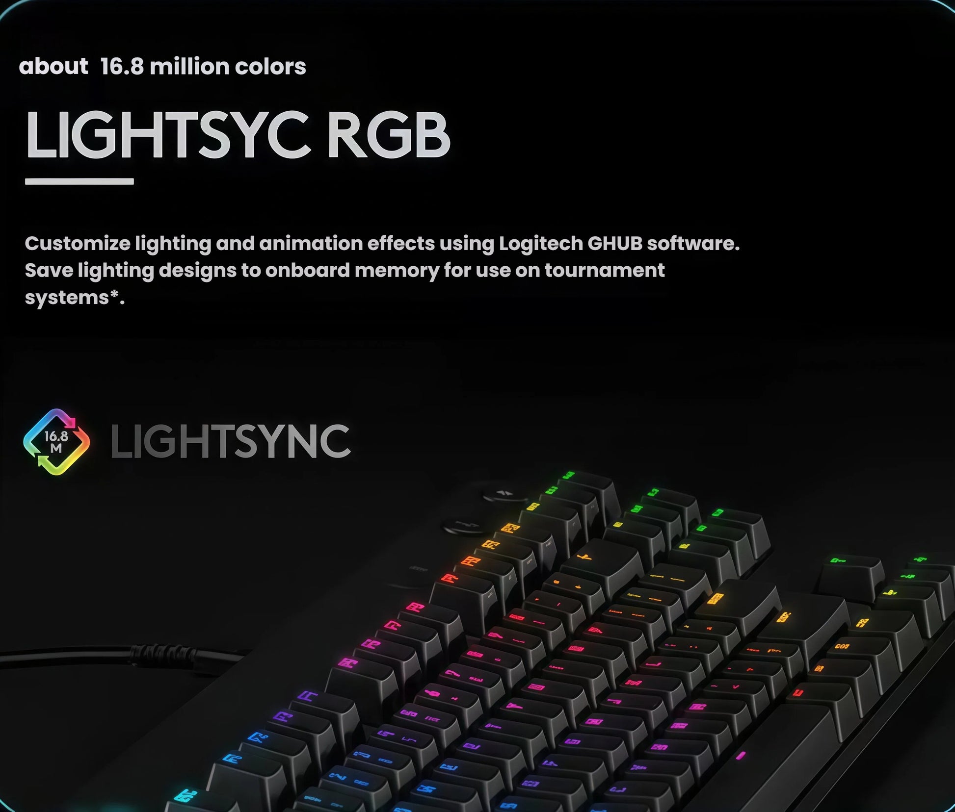 Close-up of the Logitech PRO keyboard’s keys glowing in a rainbow wave, highlighting LIGHTSYNC RGB technology and per-key customization via Logitech G HUB.
