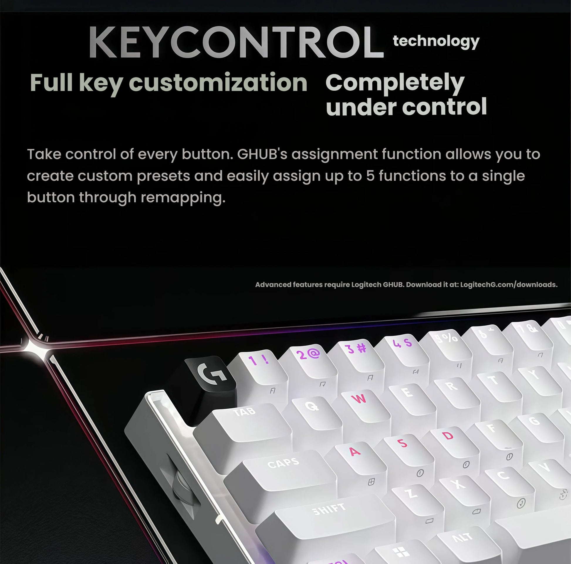 Angled view of the white Logitech PRO X 60 keyboard highlighting KEYCONTROL software, enabling remapping of every key and assigning up to five functions per button for ultimate control.