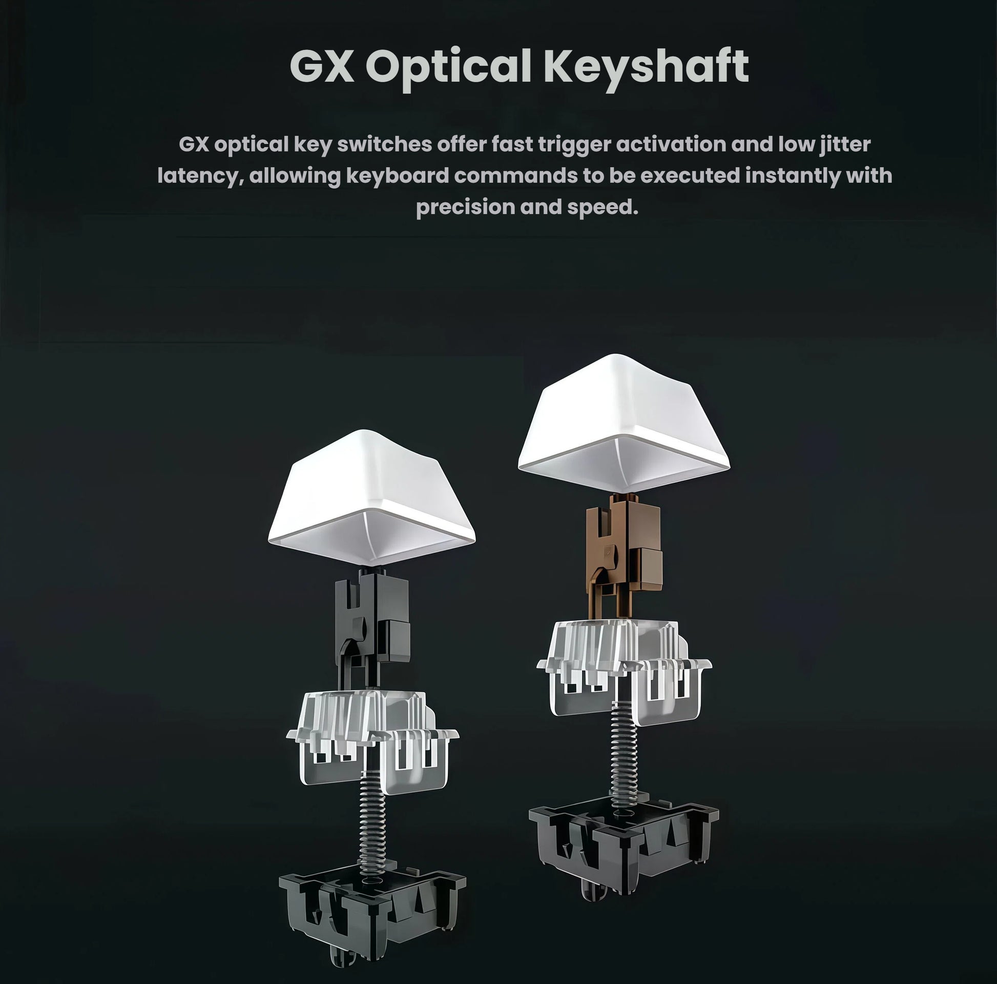 Exploded 3D render of GX Optical key switches used in the Logitech PRO X 60, illustrating ultra-low-latency actuation and precision components for competitive gaming.