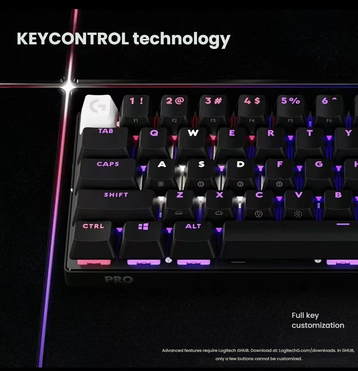 Close-up of the Logitech PRO X 60 wireless gaming keyboard’s top-left corner, showcasing KEYCONTROL technology, per-key RGB lighting, and the distinctive white “G” keycap against a black chassis.