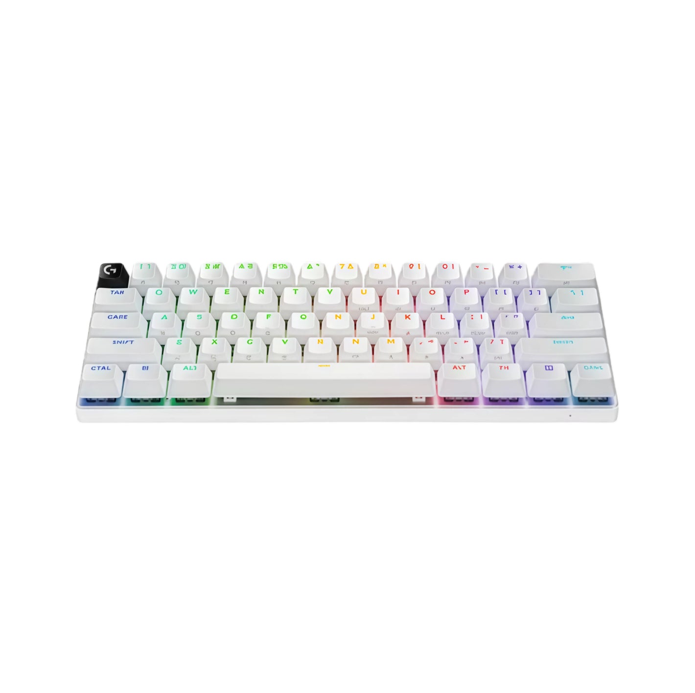 Clean front-facing shot of the white Logitech PRO X 60 wireless gaming keyboard, displaying its compact 60% layout, vibrant per-key RGB lighting, and minimalist design ideal for competitive setups.
